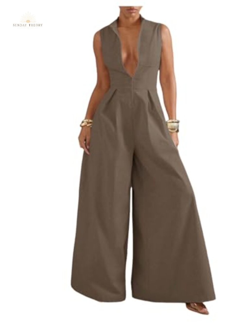 Wide Leg Jumpsuit Dressy Formal One Piece Sleeveless Mock Neck Zip